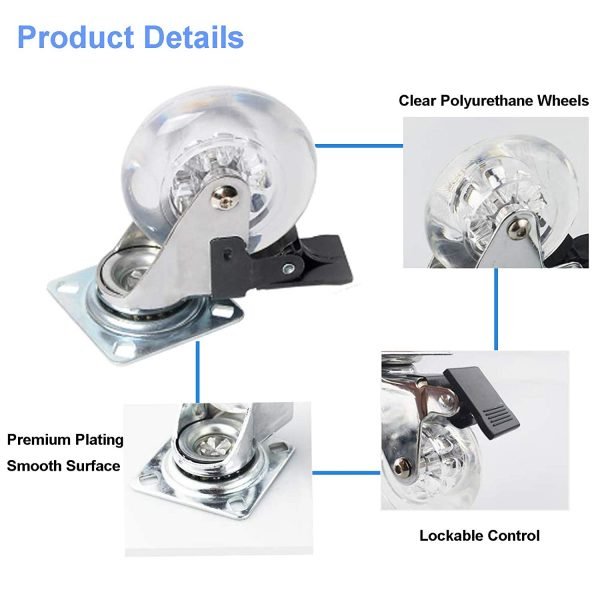 4 Pack Swivel Caster Wheels for Furniture 1.5"-3", 500-800lbs - Image 2