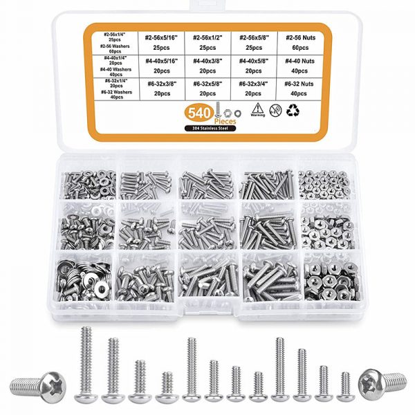540PCS #2 #4 #6 Pan Head Screws Bolts Nuts Set