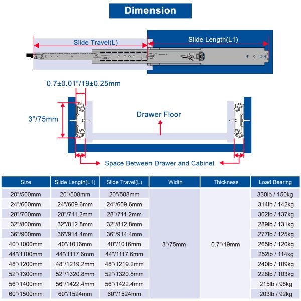 Heavy Duty Drawer Slides with Lock #XD76(Section 3 is detachable) 1 Pair